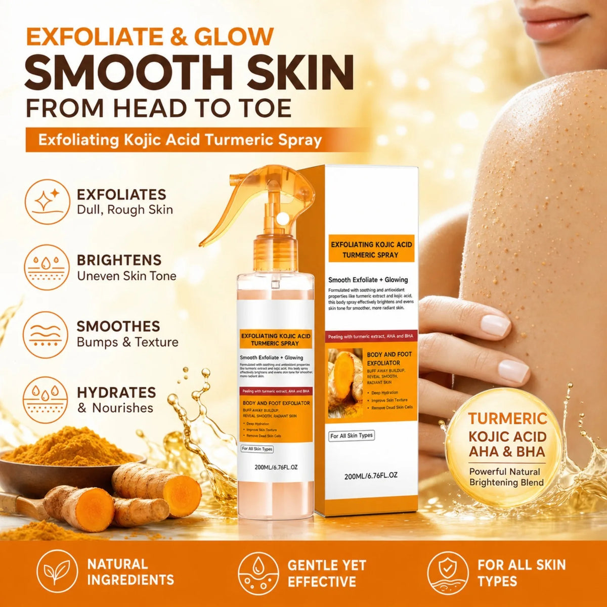 Exfoliating Kojic Acid Turmeric Spray and Serum Skin Care Set Gentle Exfoliation Improve Dull Tone Smooth Brightening Kit