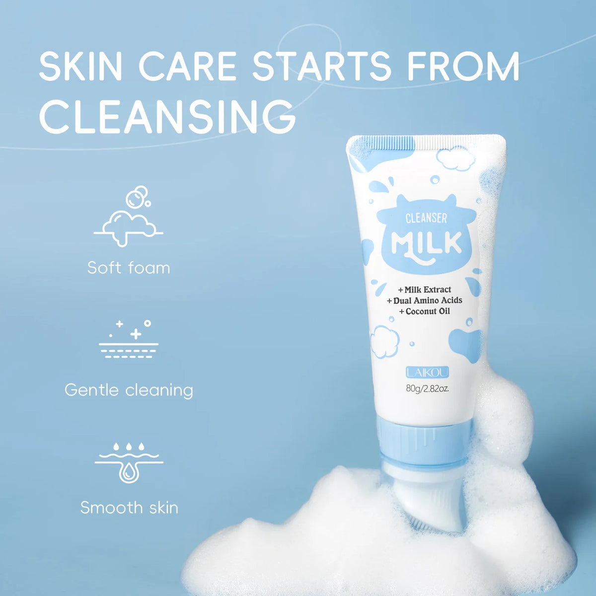 LAIKOU Milk Foaming Cleanser Dual Amino Acids Gentle Deep Cleansing Brightening for All Skin Types 80g