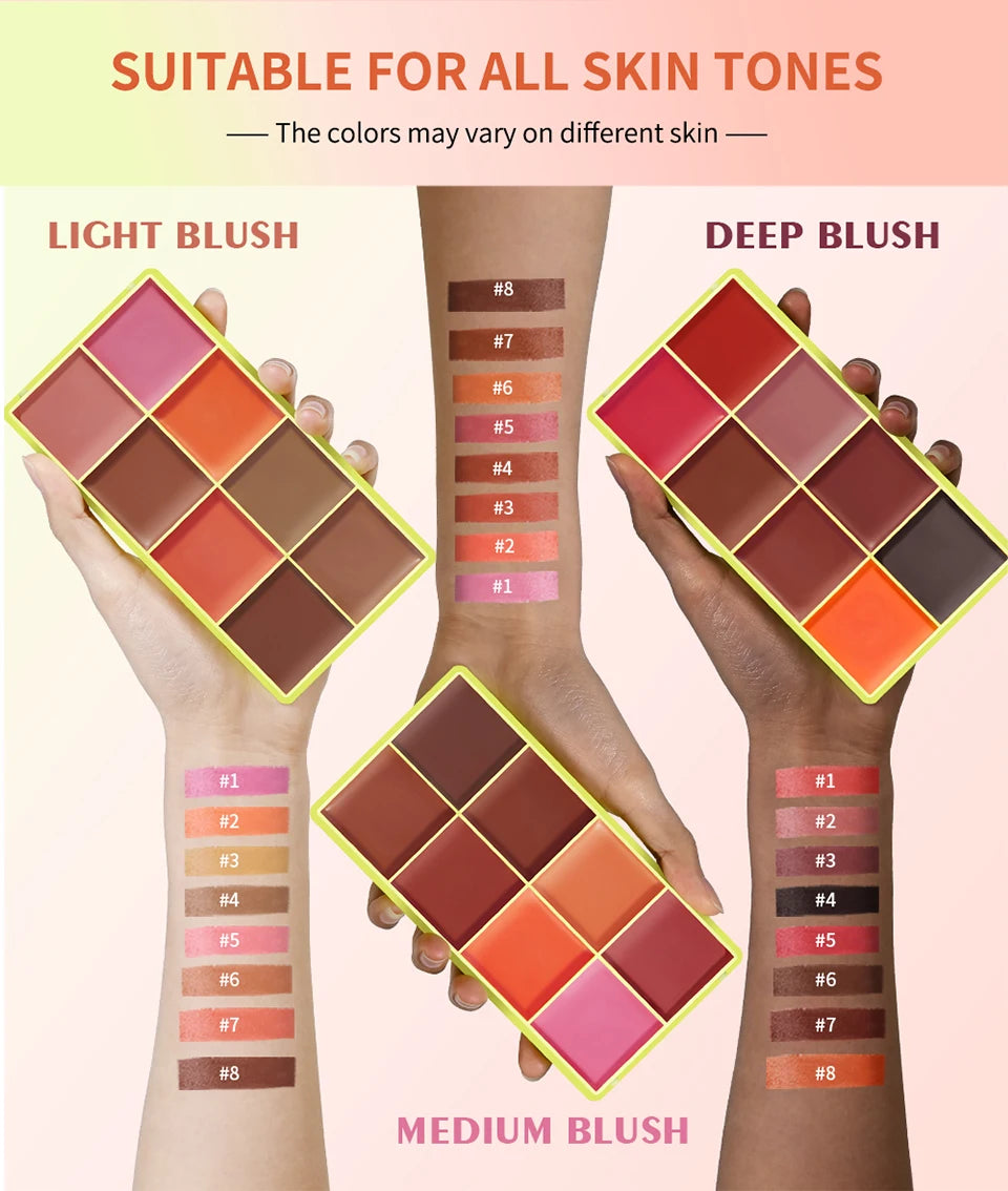 All-In-One 8 Color Cream Blush Countouring Face Palette Blendable Longwear Natural Glow Shades Long-Lasting Sweat-Resistant Woman Makeup