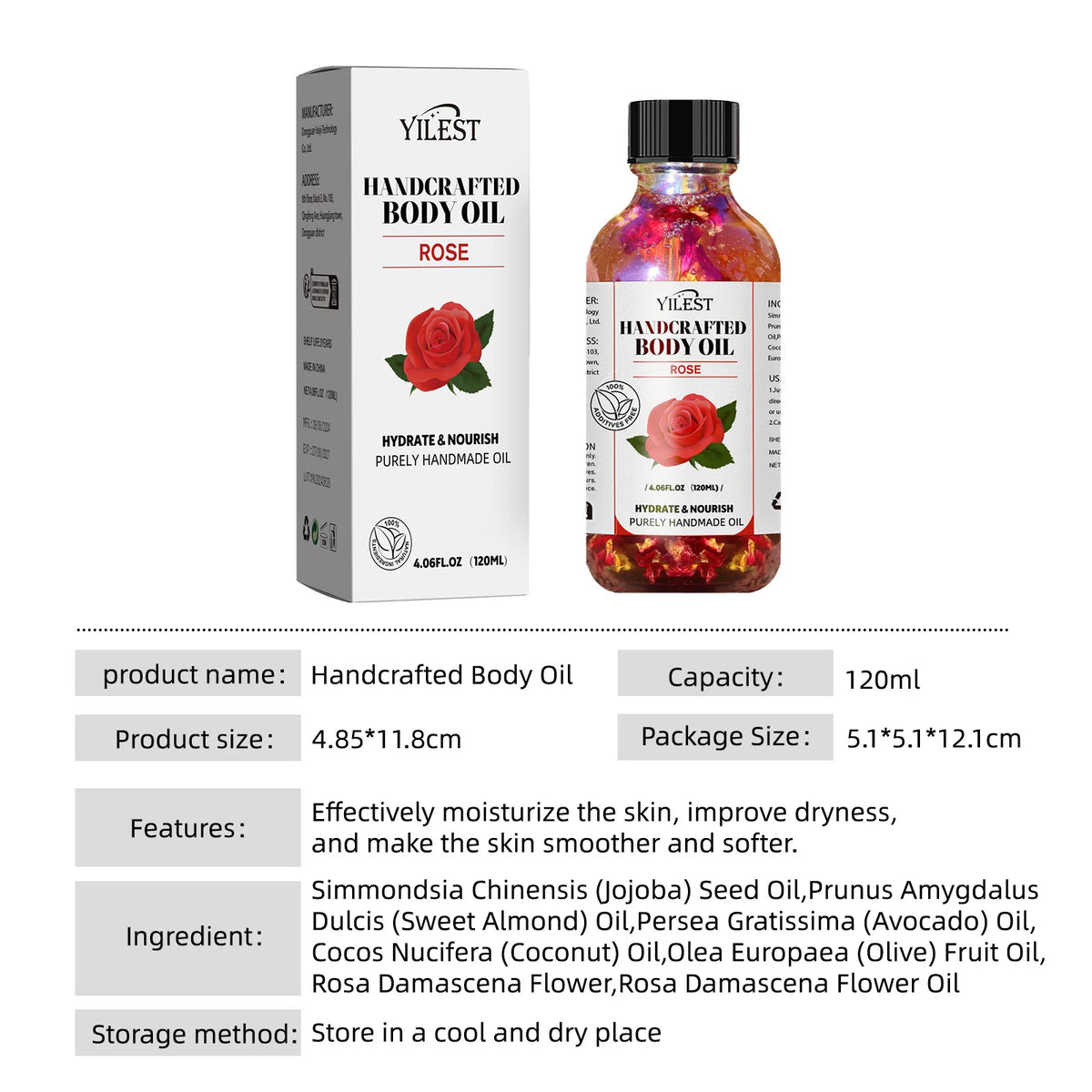 Handcrafted Rose Body Oil - 120ml Natural Blend for Dry Skin, with Jojoba & Sweet Almond Oil for Deep Hydration & Glowing Skin