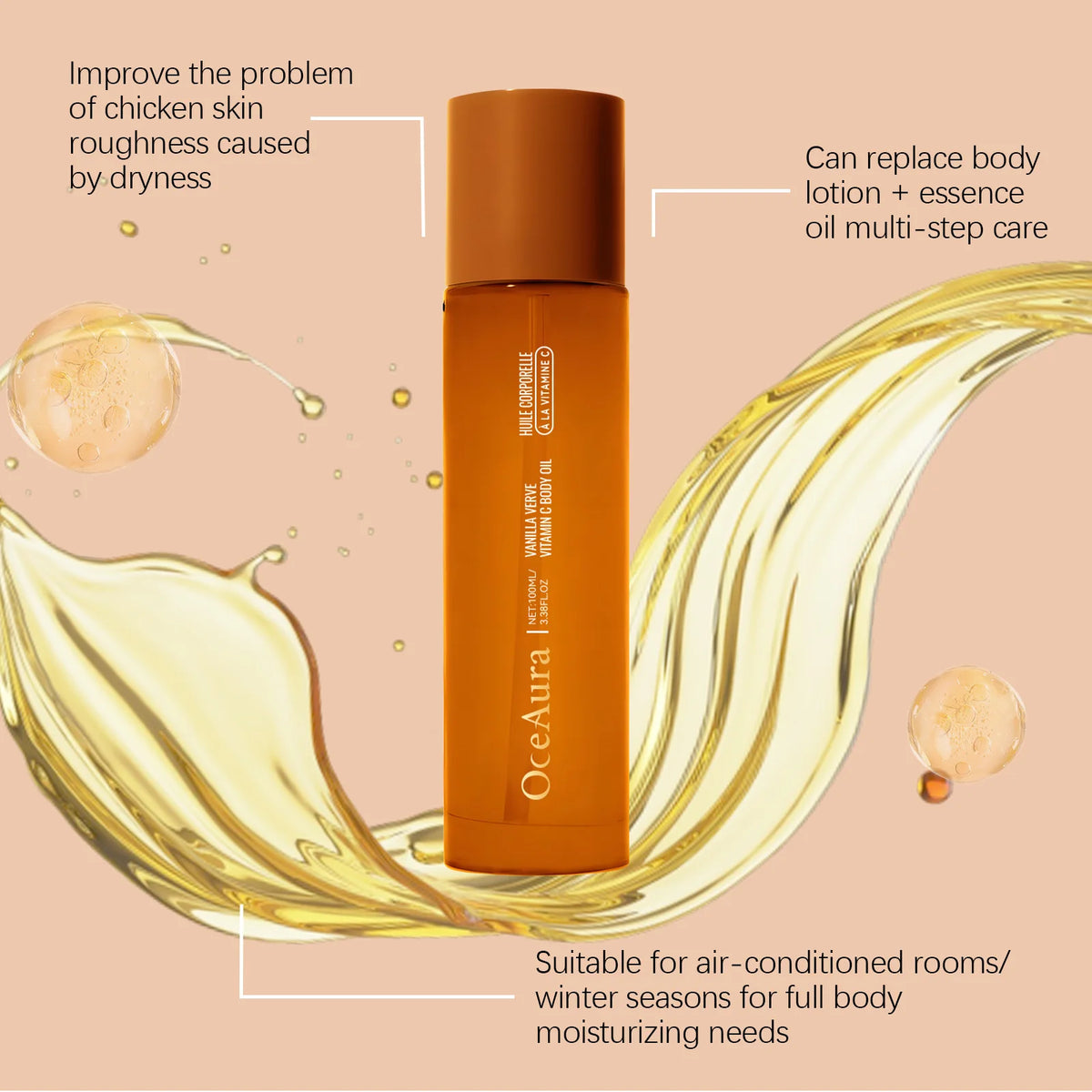 OceAura Vitamin C Body Oil for Glowing Skin Brightening Deep Hydration After Shower Vanilla Verve Scented Body Massage Oil 100ml