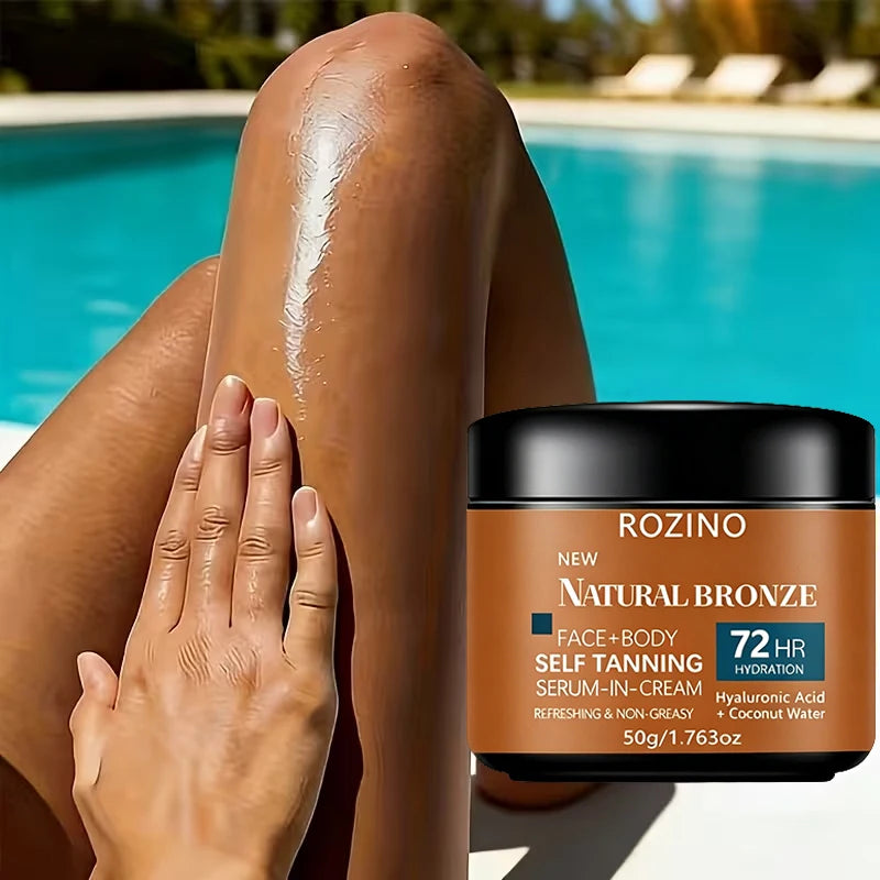 ROZINO Moisturizing Quick-Tanning Self-Tanning Lotion has a moist texture that is easy to apply, providing an even and natural finish. It can soften and protect the skin, improve dryness, and provide a harmonious and natural