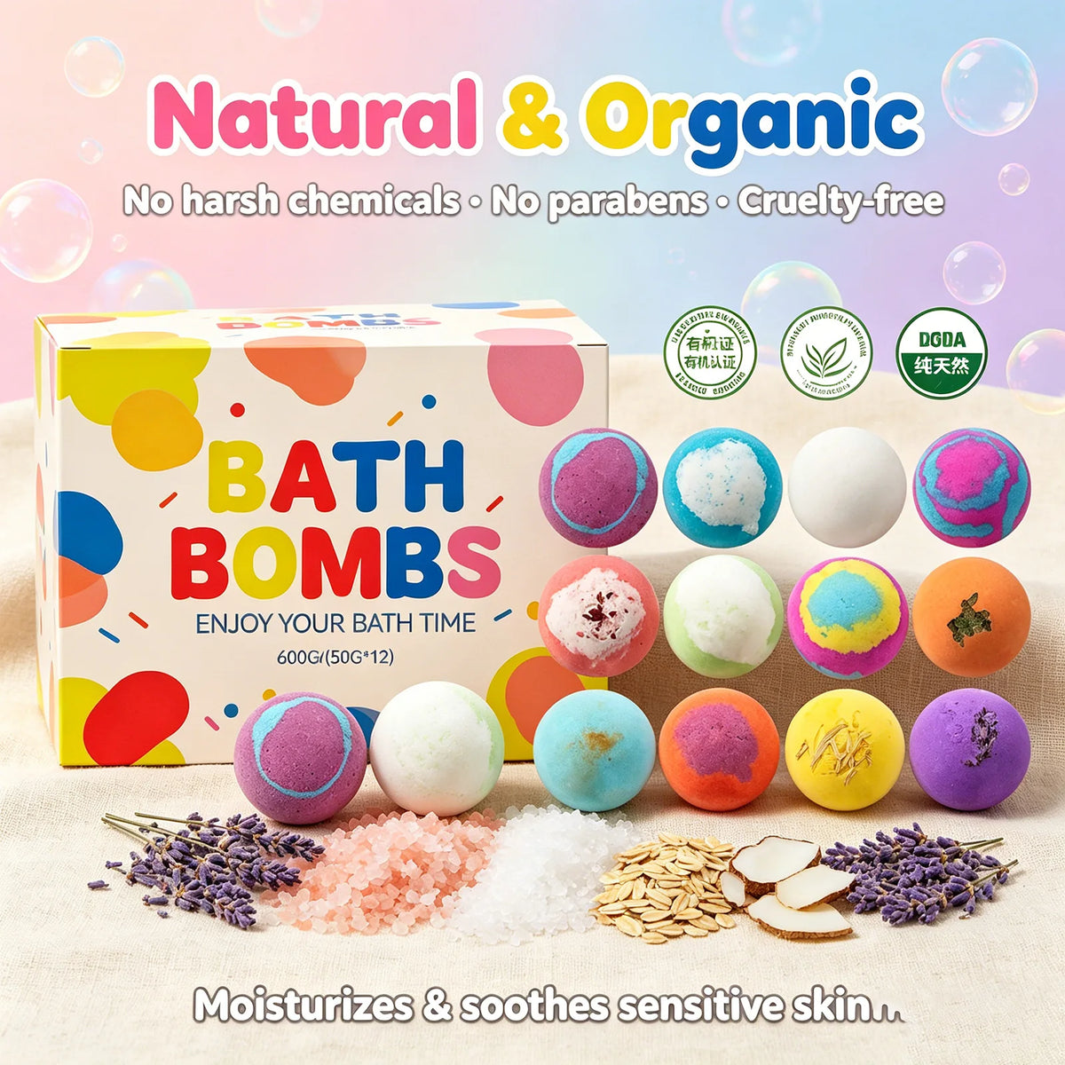 Bath Bombs Set with Surprise Toys Inside – Natural & Organic Fizzies for Bubble Bath Gift for Birthday Holiday , 600g (50g × 12)