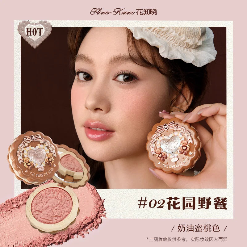 FLOWER KNOWS THE SWEETIE BEAR COLLECTION Silk Satin Blush Powder For Cheeks Contour Face Bunny Garden Blush Natural Matte Finish