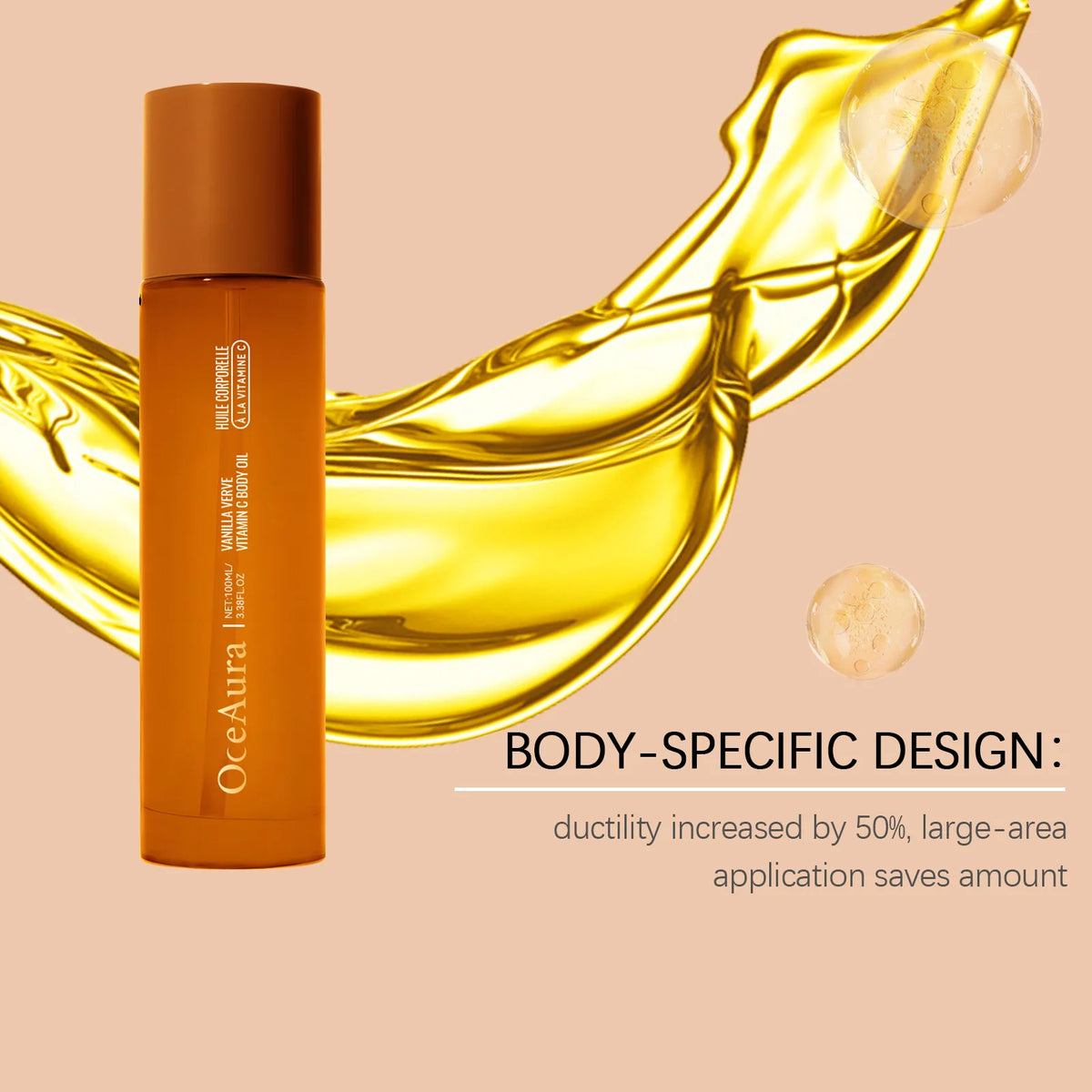 OceAura Vitamin C Body Oil for Glowing Skin Brightening Deep Hydration After Shower Vanilla Verve Scented Body Massage Oil 100ml