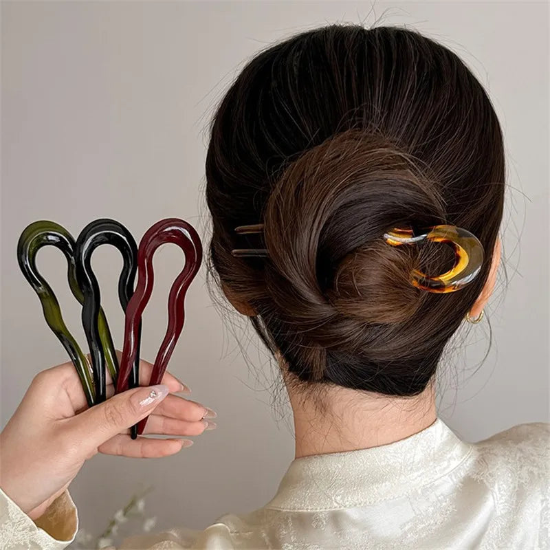 U-Shaped Hair Fork Fashion Tortoiseshell Acetate Acrylic Hairpin Geometric Design Headwear Hair Sticks Women Girls