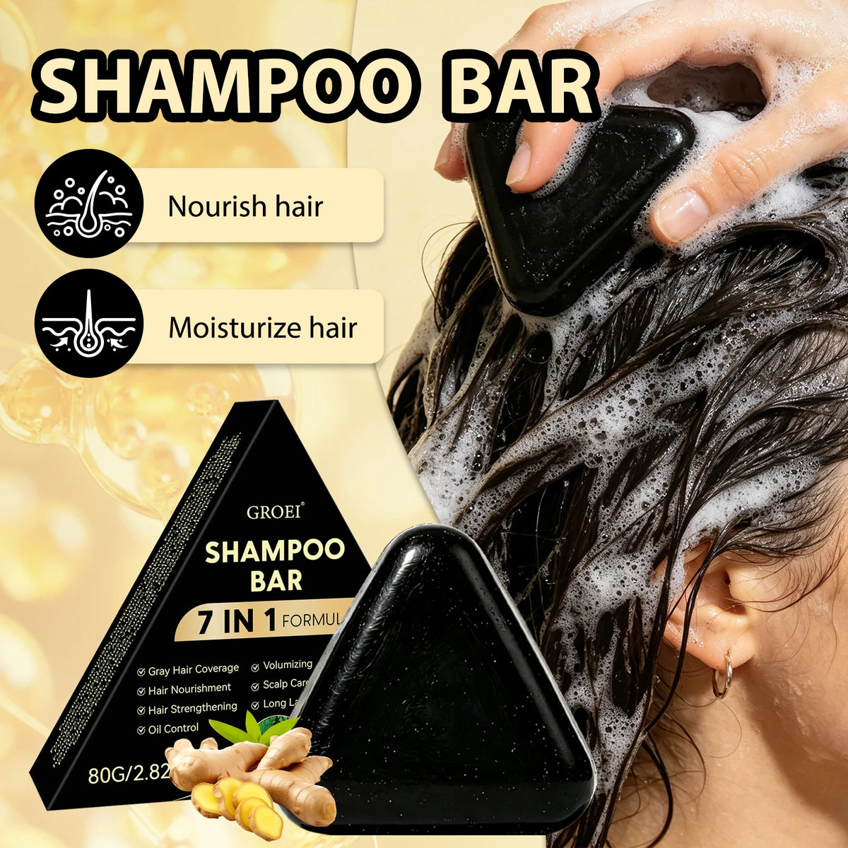 Herbal Ginger & Ginseng Shampoo Bar 80g - 7-in-1 Care for Hair Health, Oil Control, Dandruff & Scalp Balance Daily.