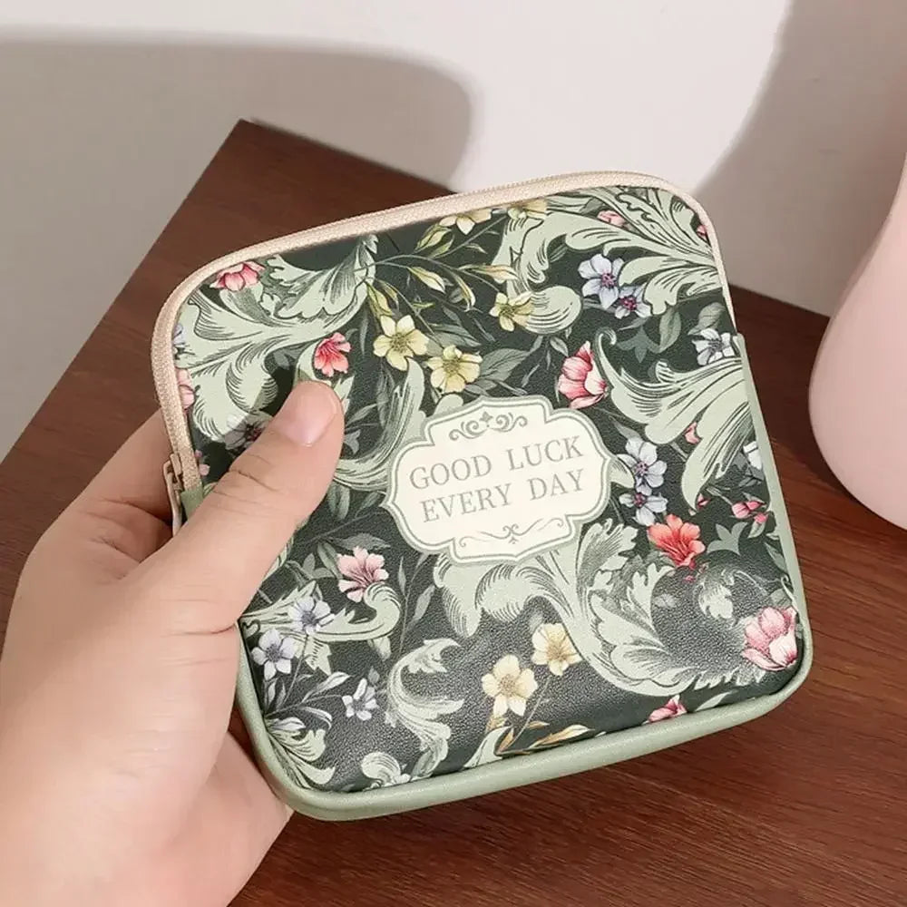 Creative PVC Sanitary Pads Bag Fashion Floral Print Large Capacity Multipurpose Coin Purse Portable Cosmetic Storage Bag