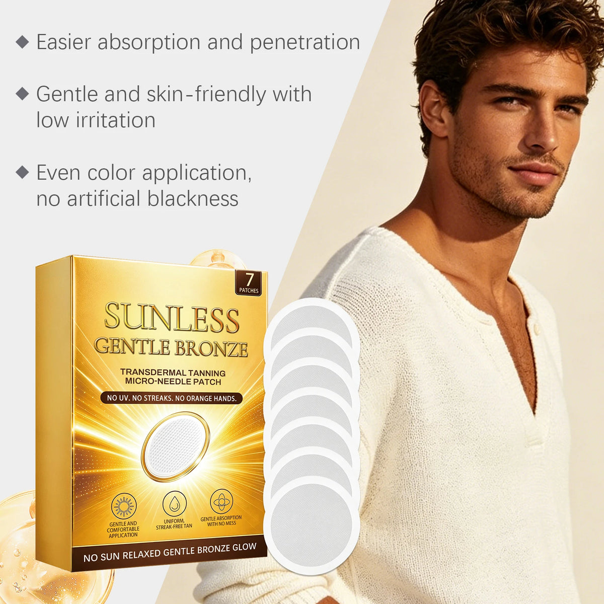 Sunless Gentle Bronze Transdermal Tanning Micro-Needle Patch 7 Patches Natural Bronze Glow for Body, Mess-Free Self-Tanner