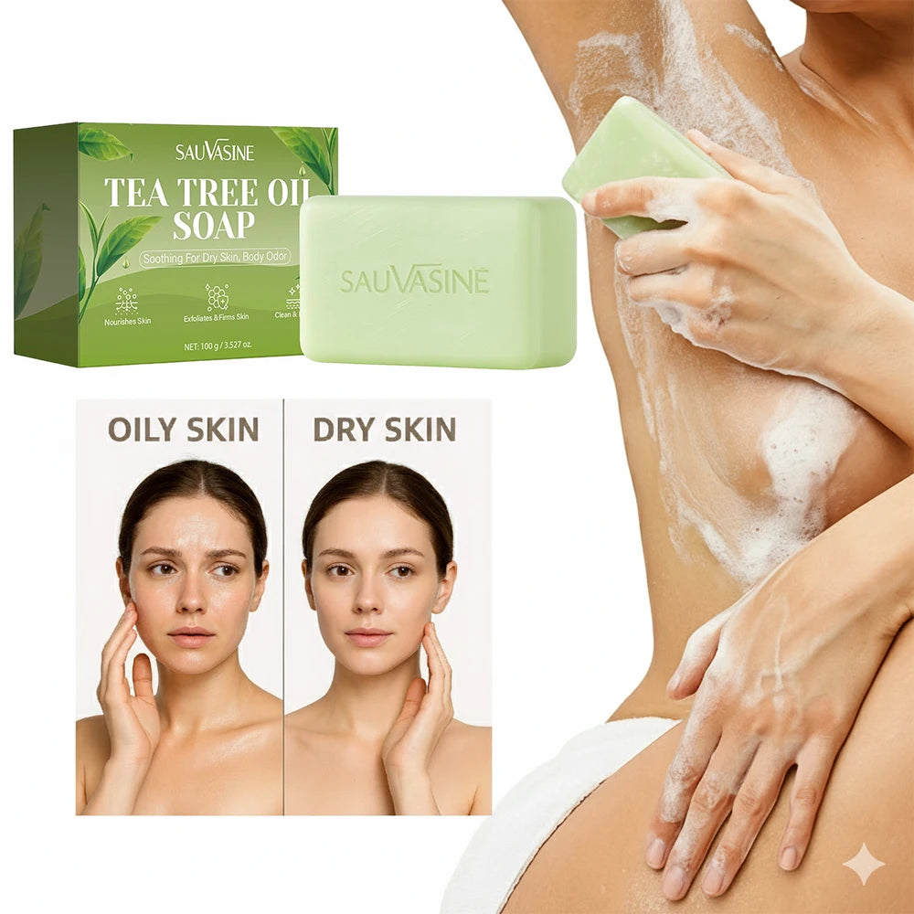 Tea Tree Oil Soap Bar for Men & Women, Deep Cleansing, Soothing for Dry Skin, Body Odor Care, Exfoliates & Firms Skin, 100g