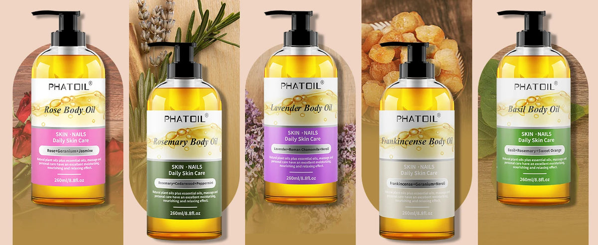 PHATOIL 260ml Body Oil-Deeply Moisturizing & Soothing Massage Oil with Long-Lasting Fragrance Vanilla Ginger Rosemary Body Oils