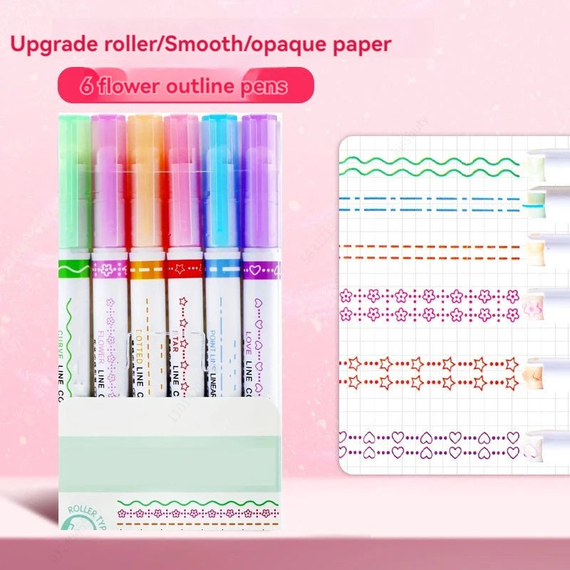 6Pcs/set Kawaii Flowers Line Shaped Highlighter Pens Roller Tip Curve Liner Marker for Writing Journaling Drawing Stationery