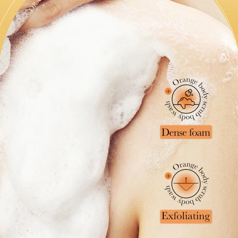 300ml Orange Body Scrub Shower Gel, a Cleansing Body Wash Containing Fresh Orange Extract, Citrate Salts, and Other Skin Care Ingredients. the Fine Scrub Particles Deeply Cleanse Skin Impurities and Dead Skin Cells, While Hyd