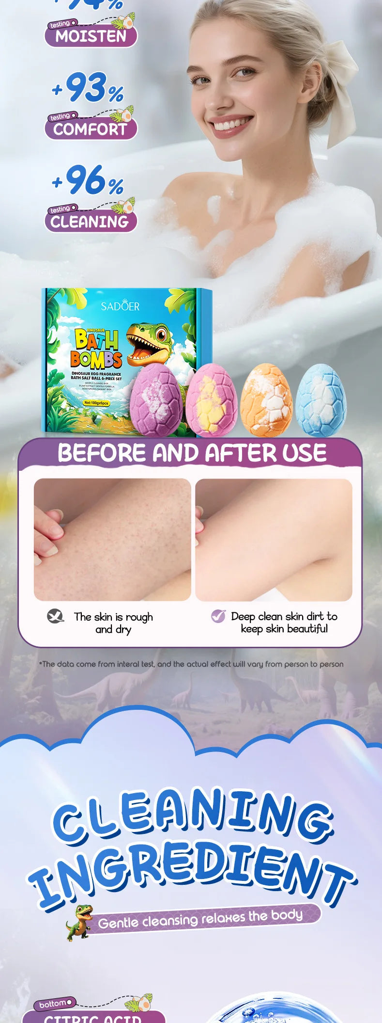 6*100g Dinosaur Egg Bath Salt Ball Essential Oil Bubble Bath Bombs Moisturizing Exfoliating Spa Salts for Shower