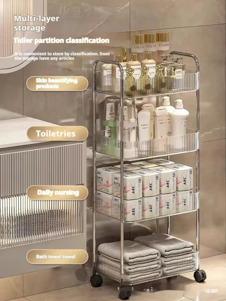 2/3/4 Layers Transparent Storage Rack with Wheels, Home Trolley Cart Suitable for Snacks Cosmetic Sundries and Kitchen Organizer