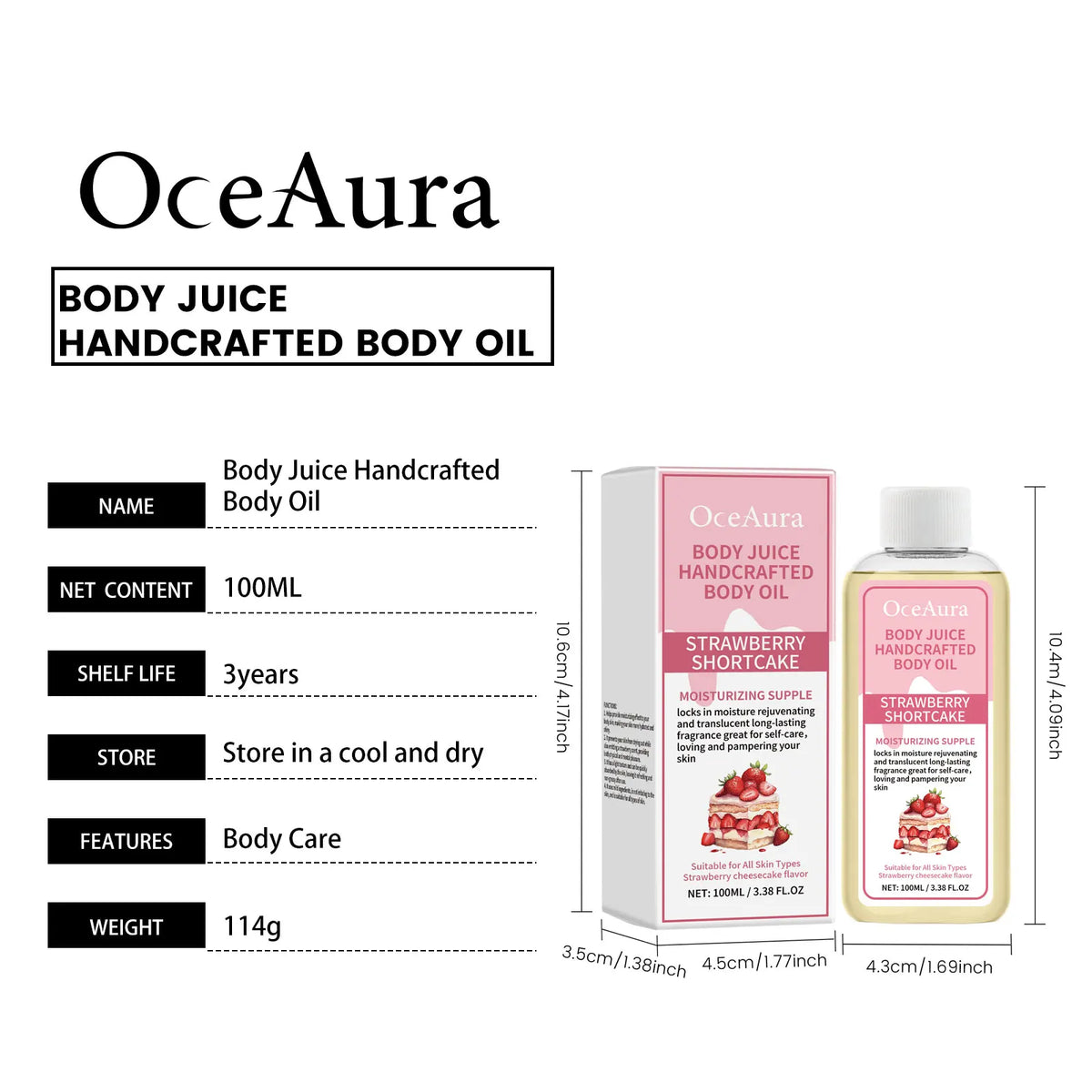 OceAura Vanilla Scented Body Oil Long Lasting Fragrance Moisturizing Skin Rejuvenation Coconut Oil Strawberry Body Massage Oil