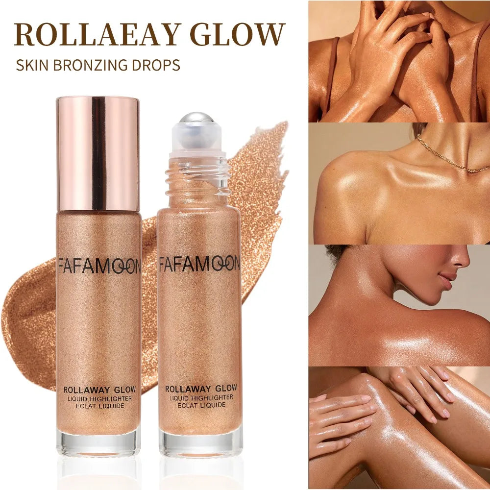 Pearlescent Glitter Roller Ball Shimmer Oil Lasting Shine Gold Bronze Contour Brighten for Face Body Sparkle Liquid Highlighter