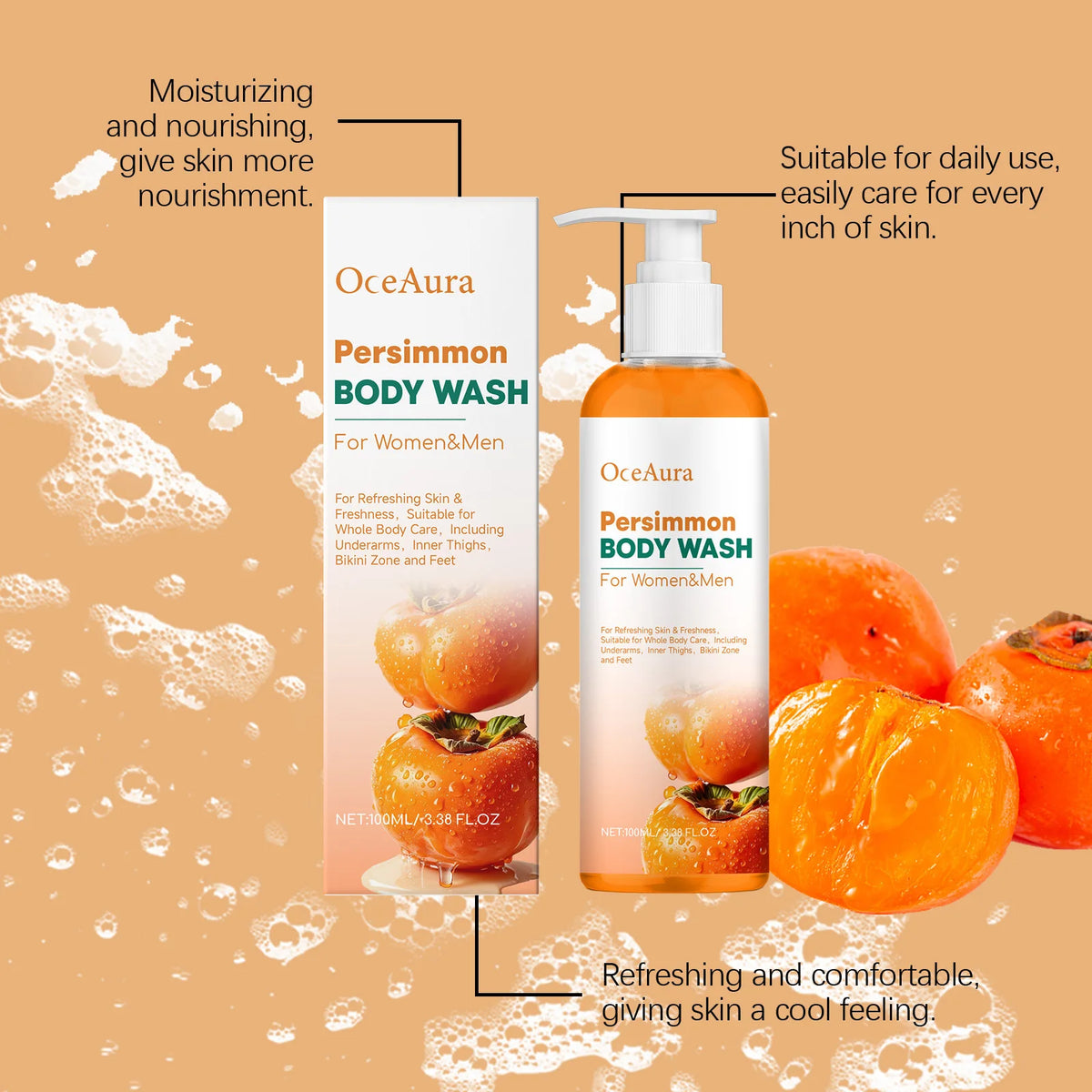 OceAura Persimmon Shower Gel Set Rich Foam Softens Skin Deep Cleansing Long Lasting Fragrance Natural Fruit Extracts Soap Bar