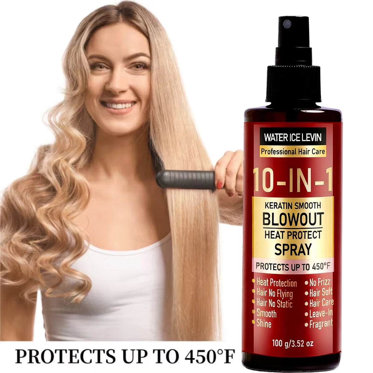 10-IN-1 Heat Protect Spray with Keratin, Collagen & Hyaluronic Acid – Smoothing Anti-Frizz Shine Leave-In Hair Care 100g