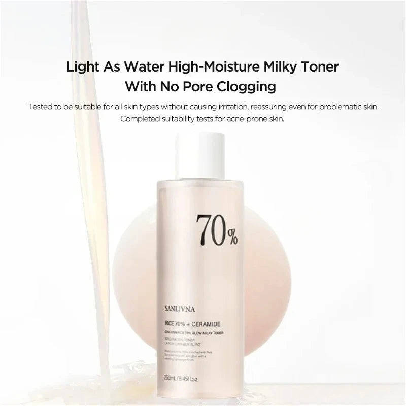 Rice 70 Glow Milky Toner Acne Moisturizing Rice Water Niacinamide Facial Essence Toner Pore Care Korean Skincare Products 250ml