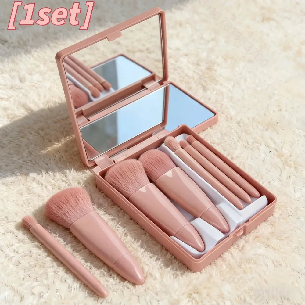 1 Set Chic Pink Makeup Brush Set - Mirror Compact, 5pcs Soft Bristles Versatile for Blush Eye Foundation