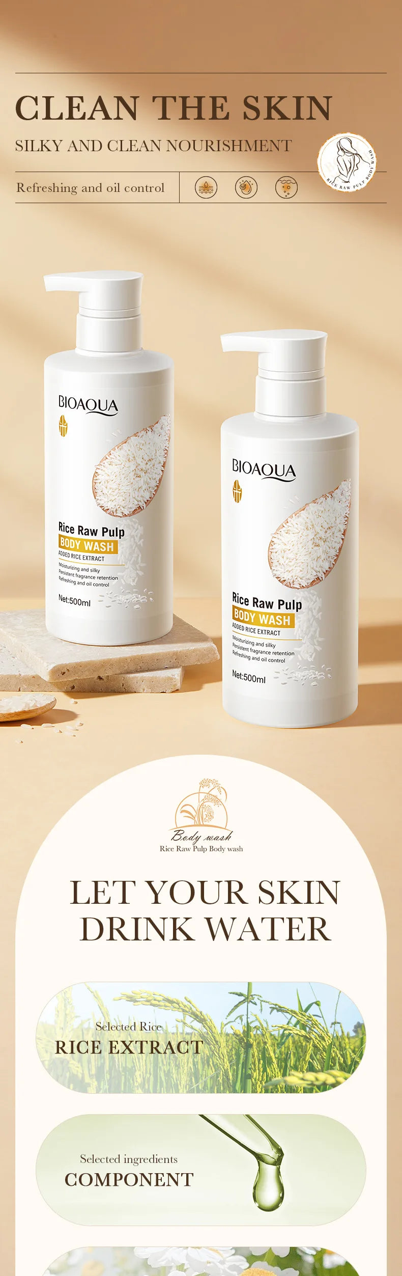 Rice Raw Pulp Body Shower Gel 500ml, Hypoallergenic and Moisturizing, Refreshing Oil Control, Long-Lasting Light Fragrance, Suitable for All Light Beige Skin Types and Sensitive Skin, Easily Removes Oil and Dirt, Daily Nouris
