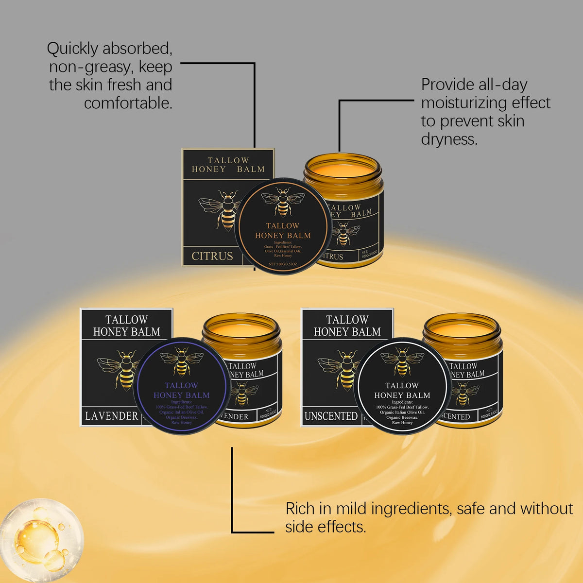 Beef Tallow Face Cream Organic Raw Honey Balm Skin Care Brightening Grass-Fed Natural Whipped Body Moisturizer Hydrating Lotion