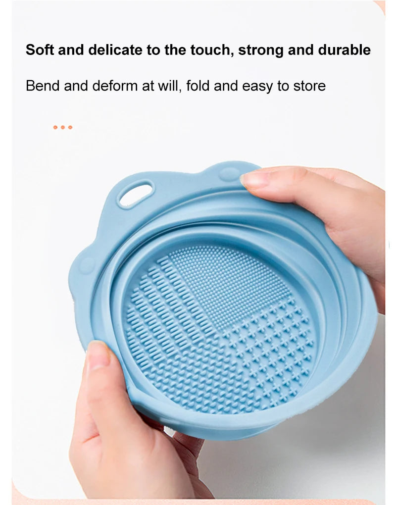 Multi-functional Silicone Makeup Brush Cleaning Bowl Powder Puff Beauty Washing Scrubber Pad with Folding Brush Holder