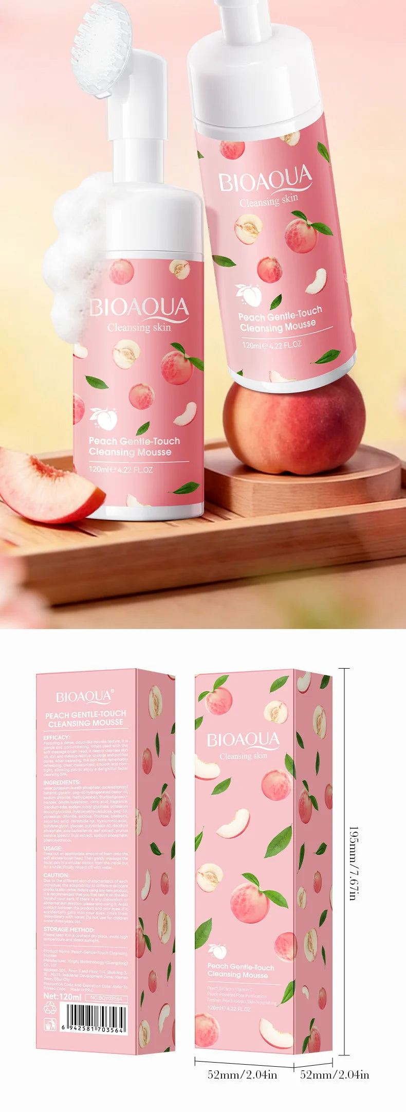 BIOAQUA Peach Facial Cleansing Mousse with Brush Gentle Touch Cleans Skin Oil Purify Pores Refreshed Non Tight Facial Cleanser