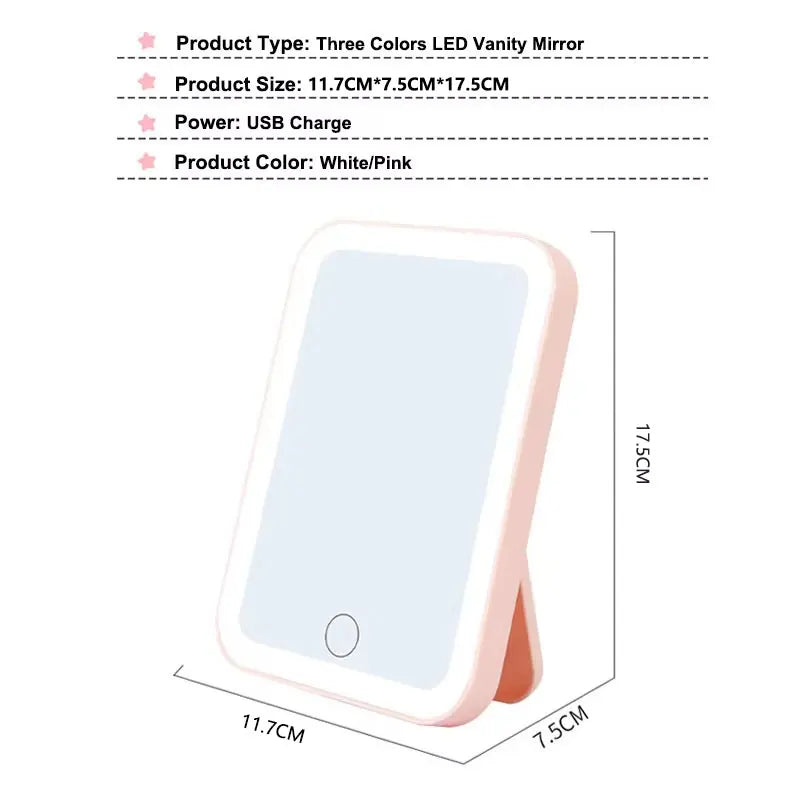 3 Colors LED Vanity Mirror with Touch Screen USB Rechargeable Dimming Makeup Mirror 3 Brightness Portable