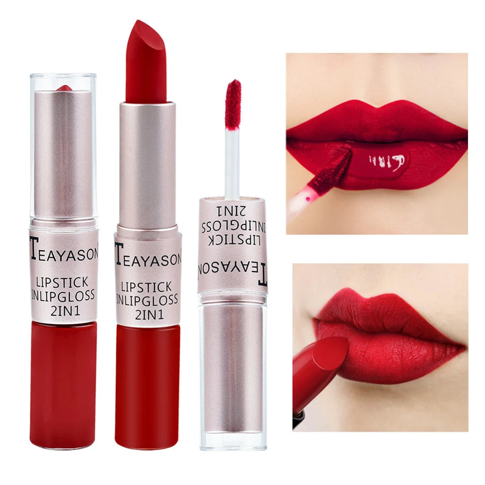 1Pc Long Lasting Velvet Matte Lipstick Double Head Lip Gloss Non-stick Cup Lip Gloss Waterproof 2 in 1 Matte Red Lipstick Makeup
