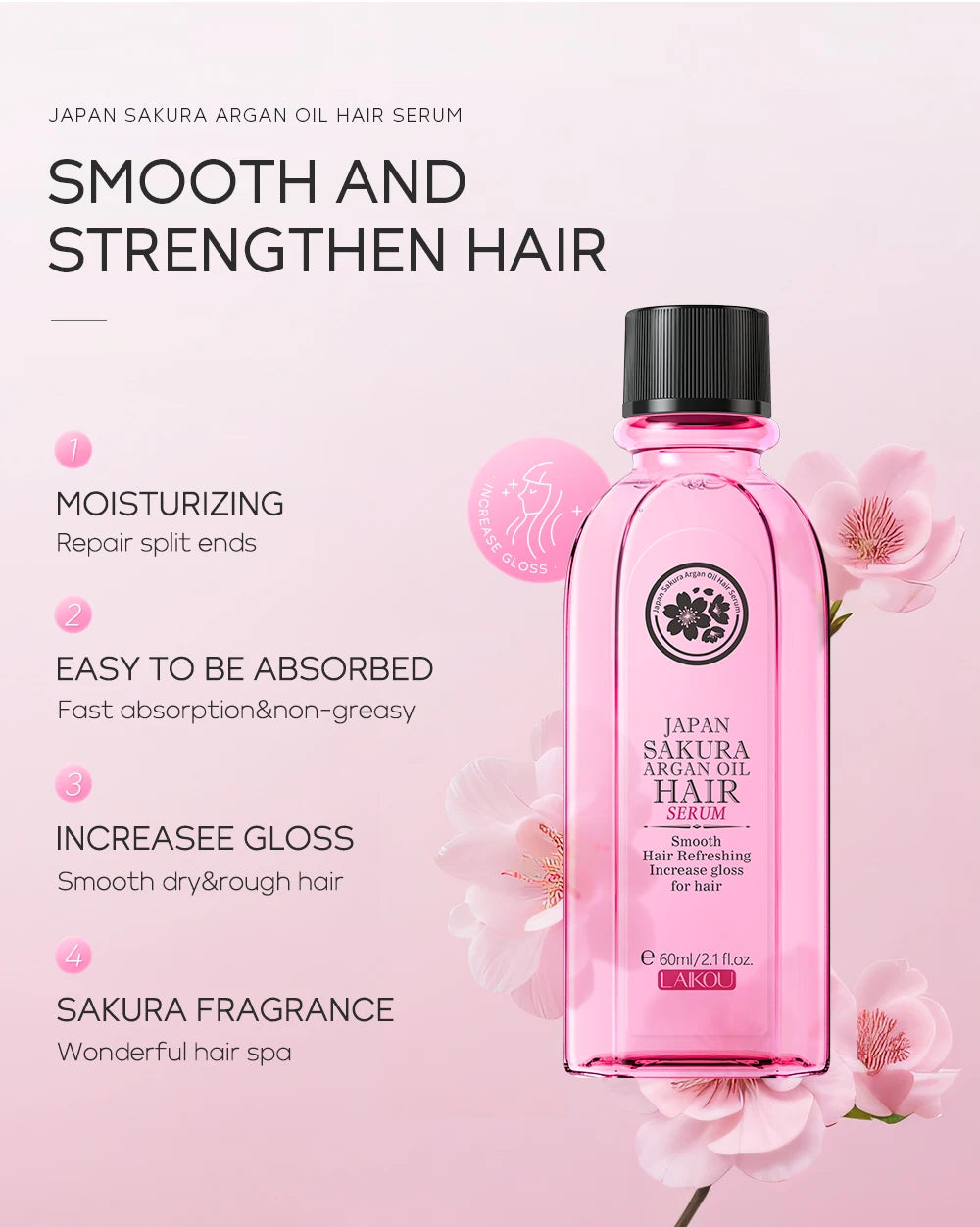LAIKOU Japan Sakura Argan Hair Serum Nourishing Repair Split Ends Hair Essence (60ml/100ml)