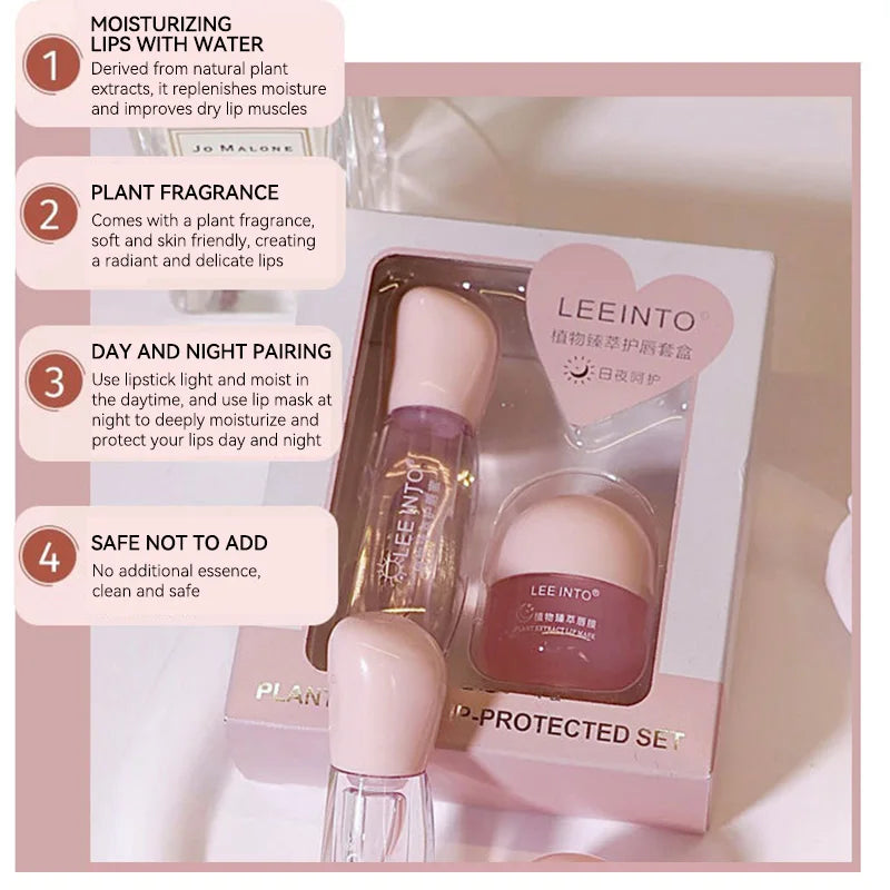 Leeinto Plant Essence Lip Care Set: Moisturizing, Long-Lasting Nourishment, Gentle Formula, Lightweight Texture, Lip Gloss, Lip Mask, Enhances Complexion, Pre-Makeup Primer, Essential for Daily Commuting and Dating, Night Car