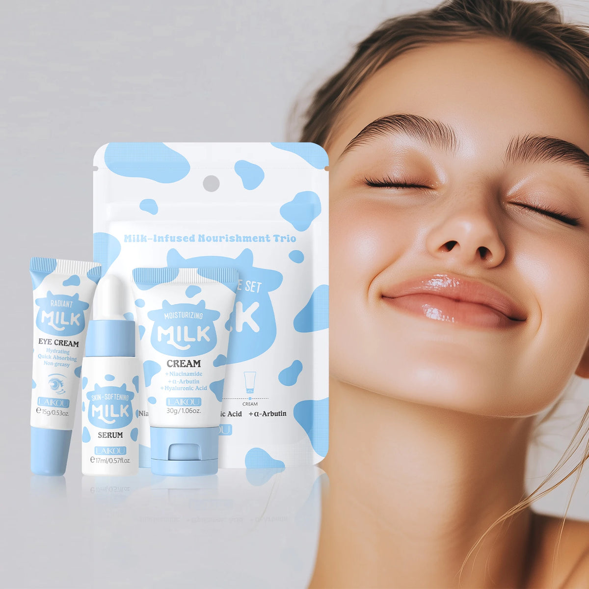 LAIKOU Milk Glowing Trio Set Deep Nourishment Kit Hydrating Skincare Non-Greasy Serum Eye Cream Moisturizer Gift Set