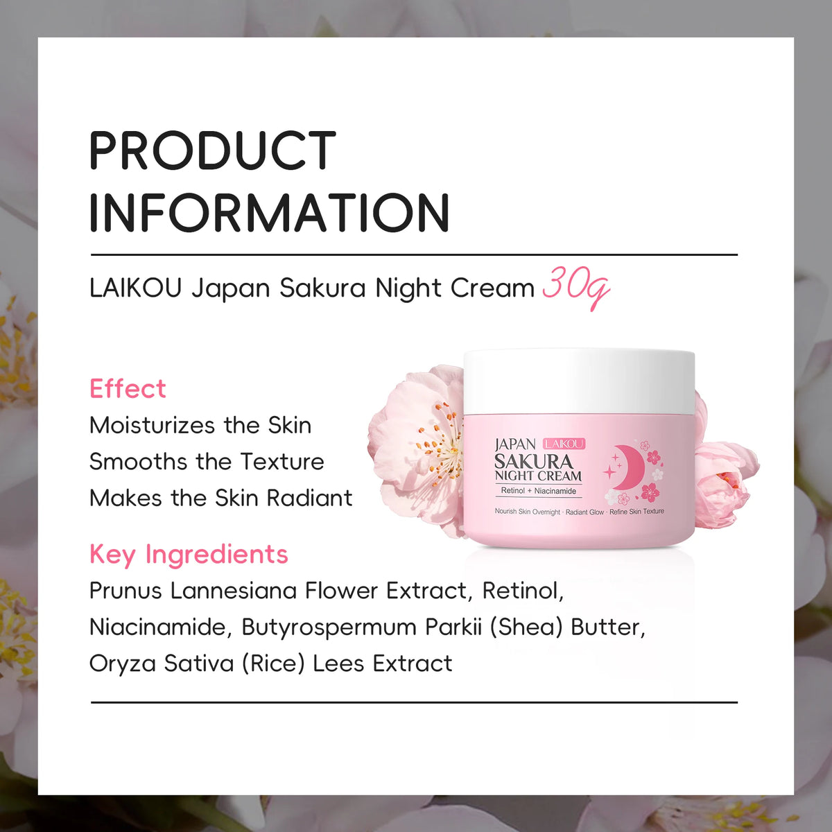 LAIKOU Sakura Day Night Face Cream Nourishing & Brightening Moisturizer Anti-aging Smooth Skin 30g