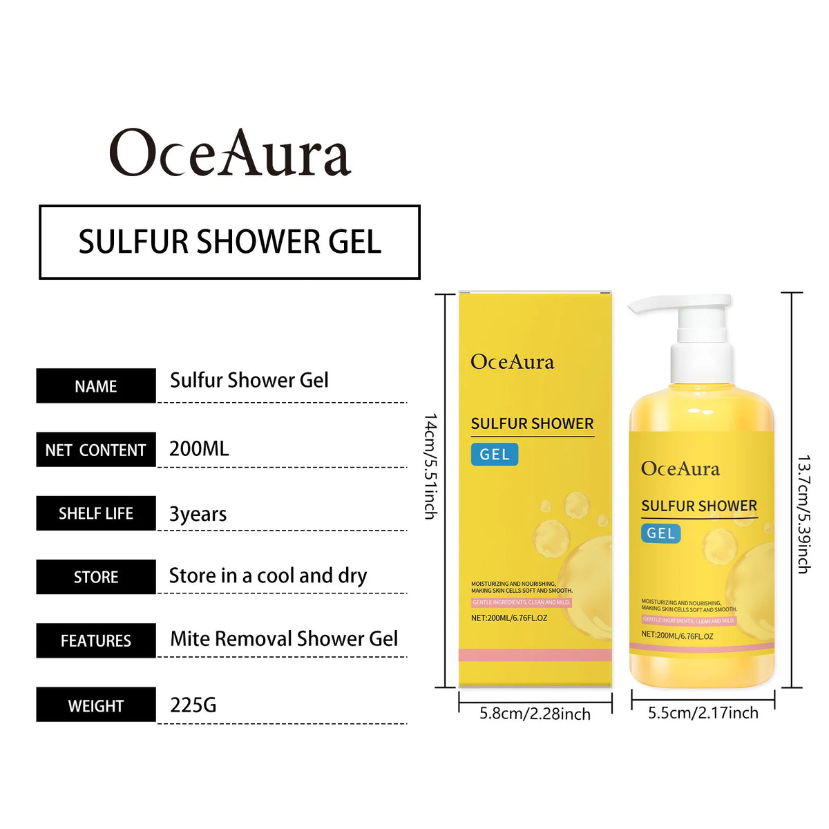 OceAura Sulfur Shower Gel Softening Skin Refreshing Smoothing Long Lasting Moisturizing Gentle Cleansing Sulfur Body Wash 200ml