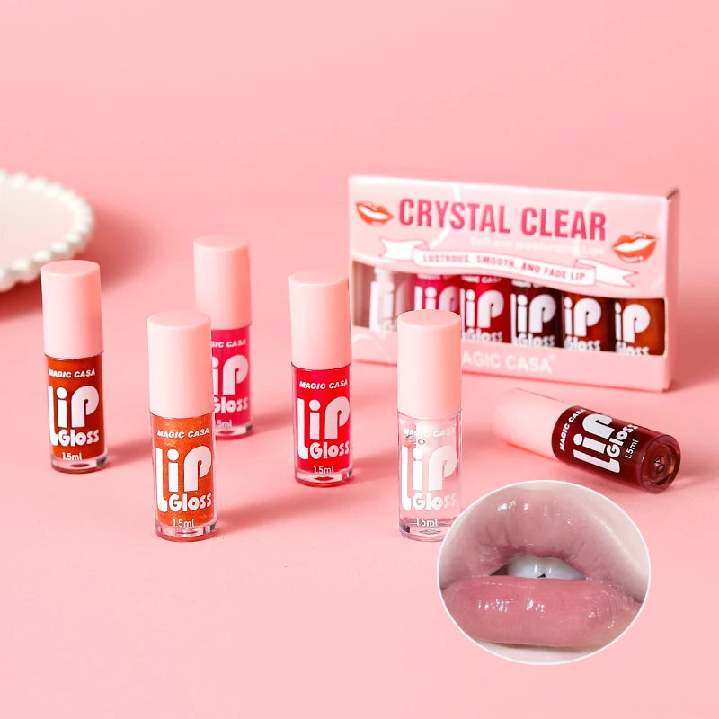 MAGIC CASA 6-Piece Set Water-Gloss Jelly Lip Oil - Plumping, Hydrating, Makeup Base, Long-Lasting Moisture