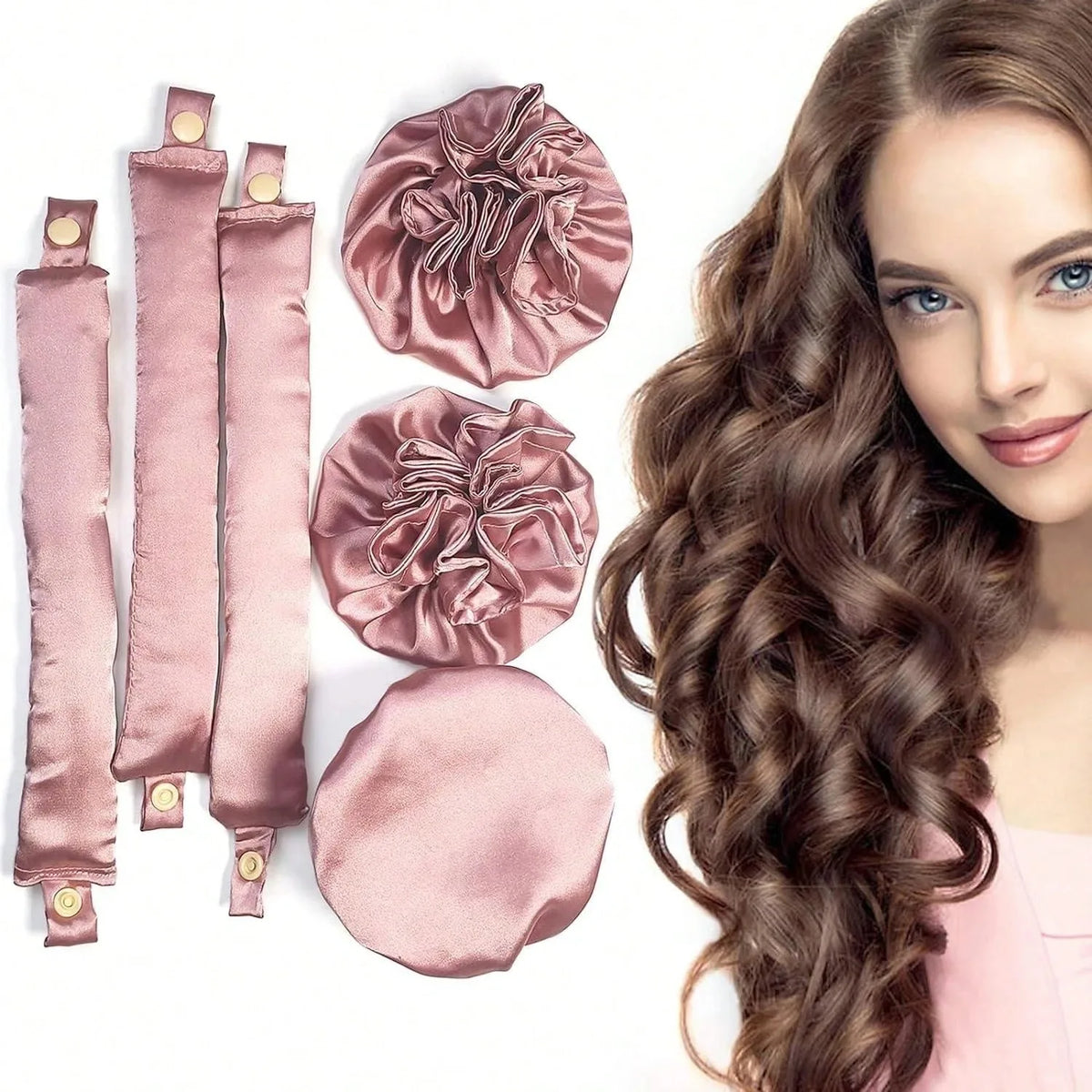 3pc Satin Heatless Curling Rod with Hair Caps, Soft Overnight Curling Rod Headband for Long Hair, DIY Hairstyling Tools