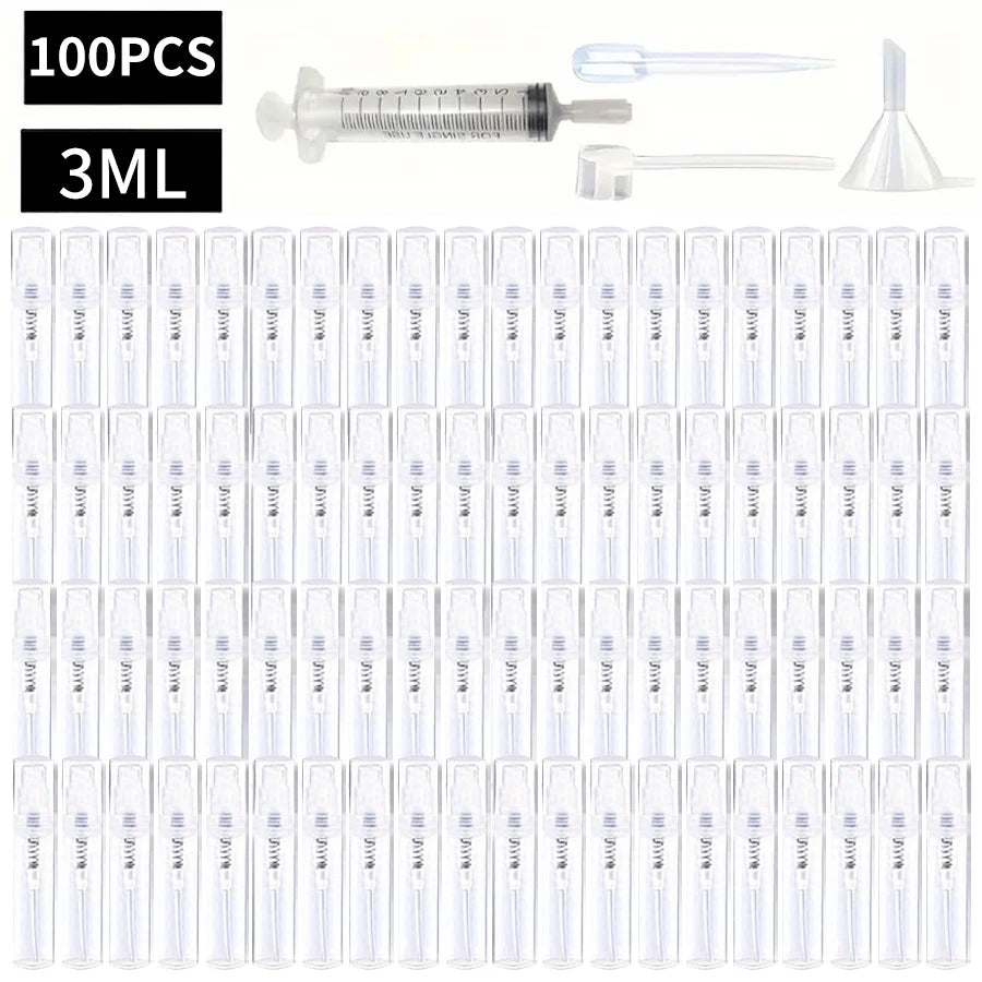 100 Spray Bottles 2ML/3ML- Odorless, BPA-free clear refillable travel atomizer, portable mini-sprayer for perfume and cosmetics