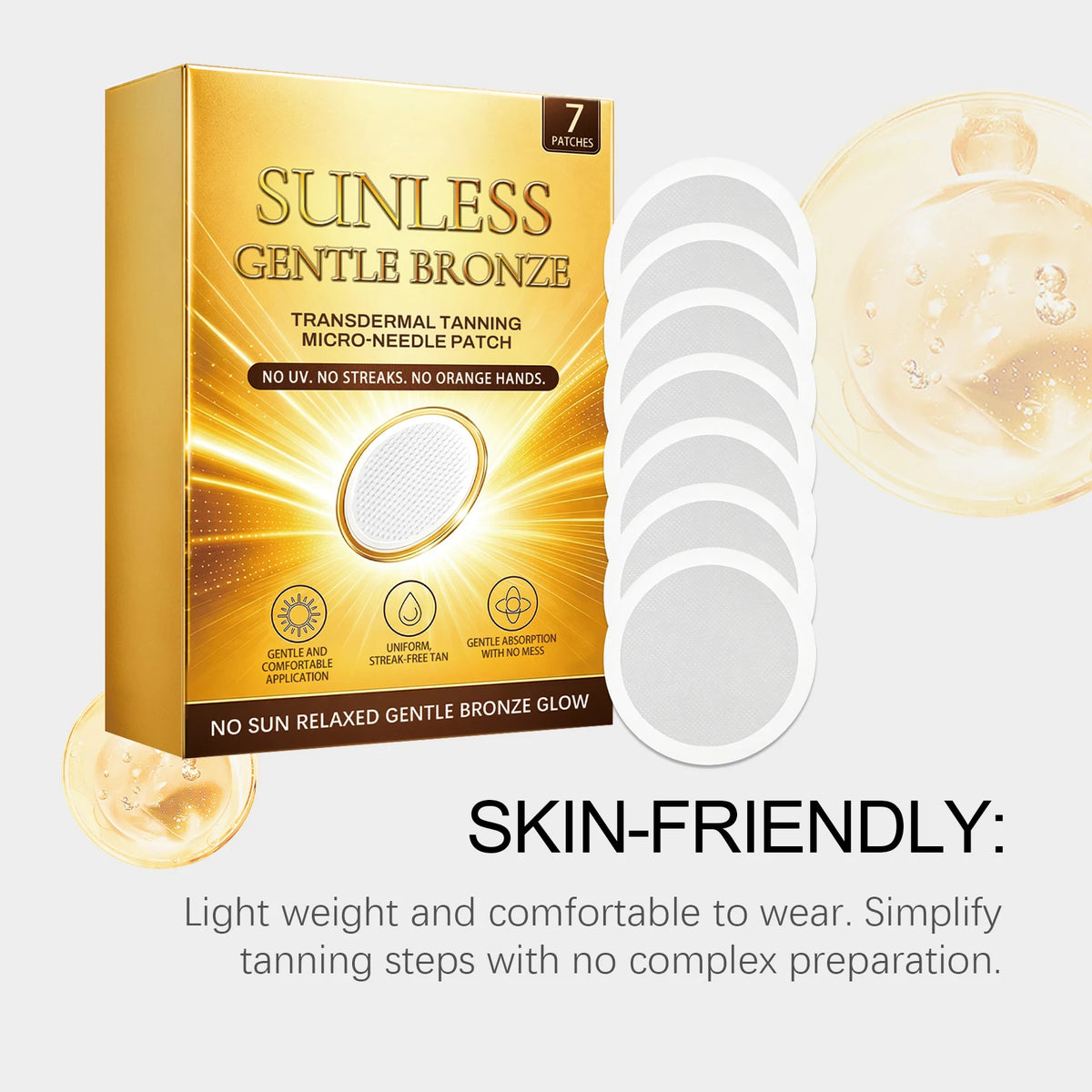 Sunless Gentle Bronze Transdermal Tanning Micro-Needle Patch 7 Patches Natural Bronze Glow for Body, Mess-Free Self-Tanner