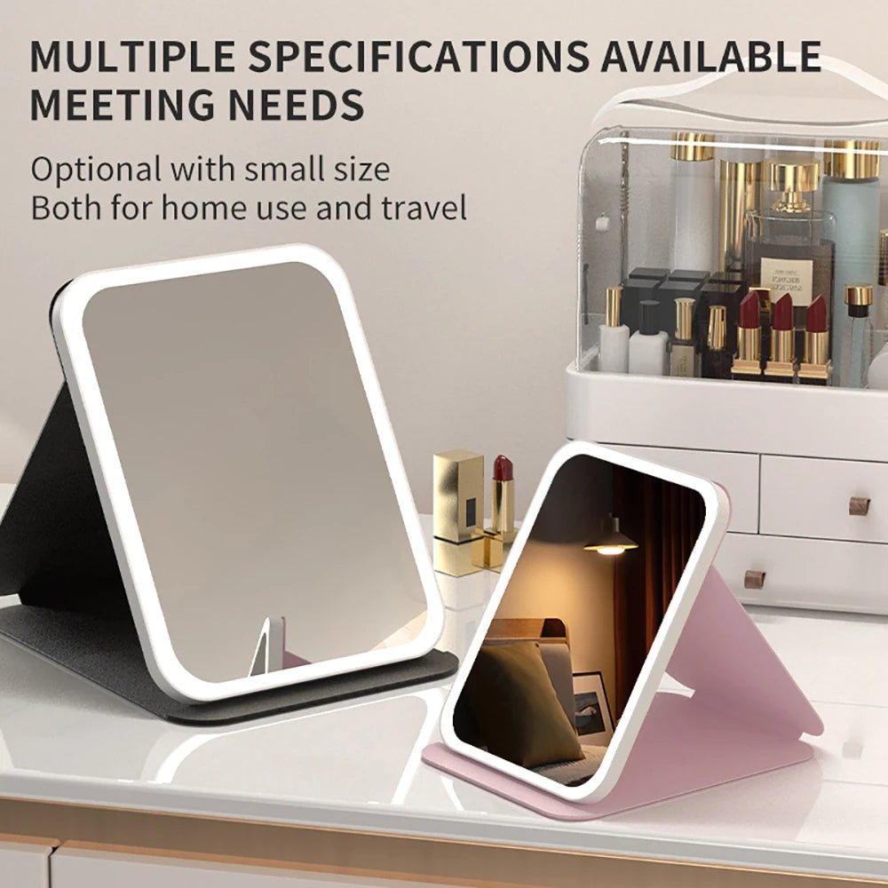 3 Colors Dimmable LED Makeup Mirror with Touch Screen Fold Cosmetic Makeup Mirror Rechargeable Tabletop for Travel & Home Use