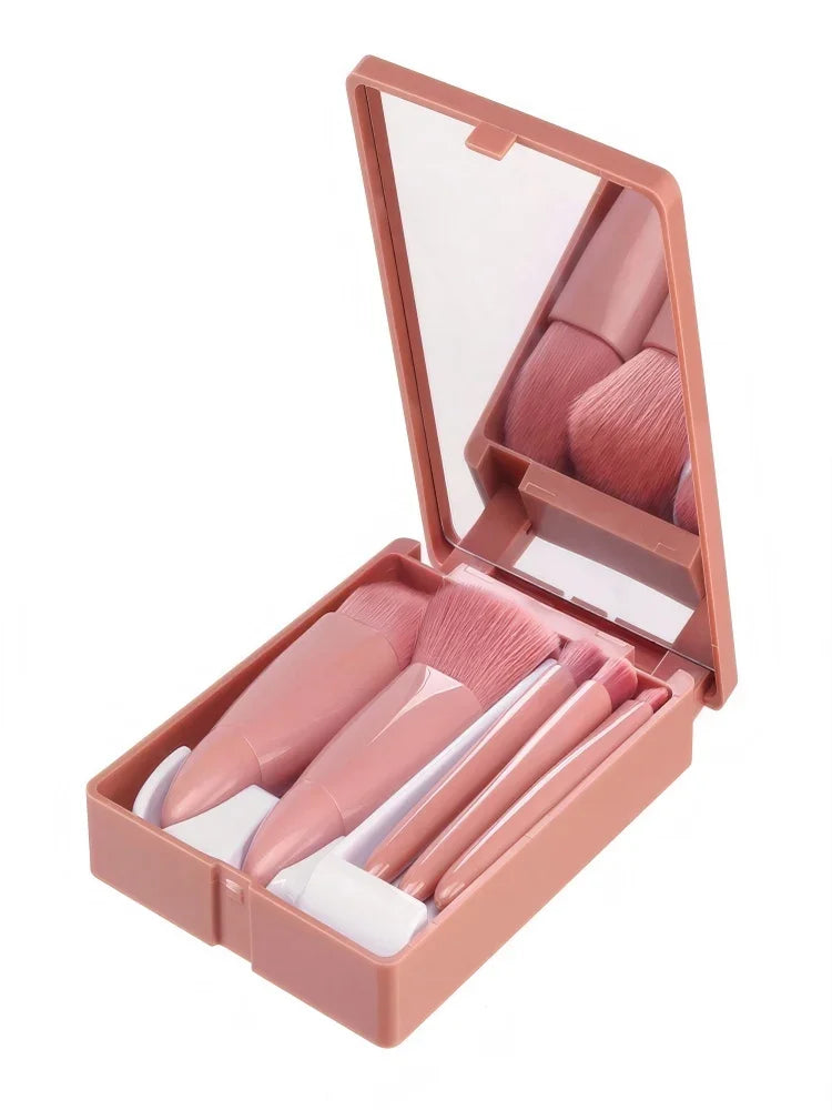 1 Set Chic Pink Makeup Brush Set - Mirror Compact, 5pcs Soft Bristles Versatile for Blush Eye Foundation