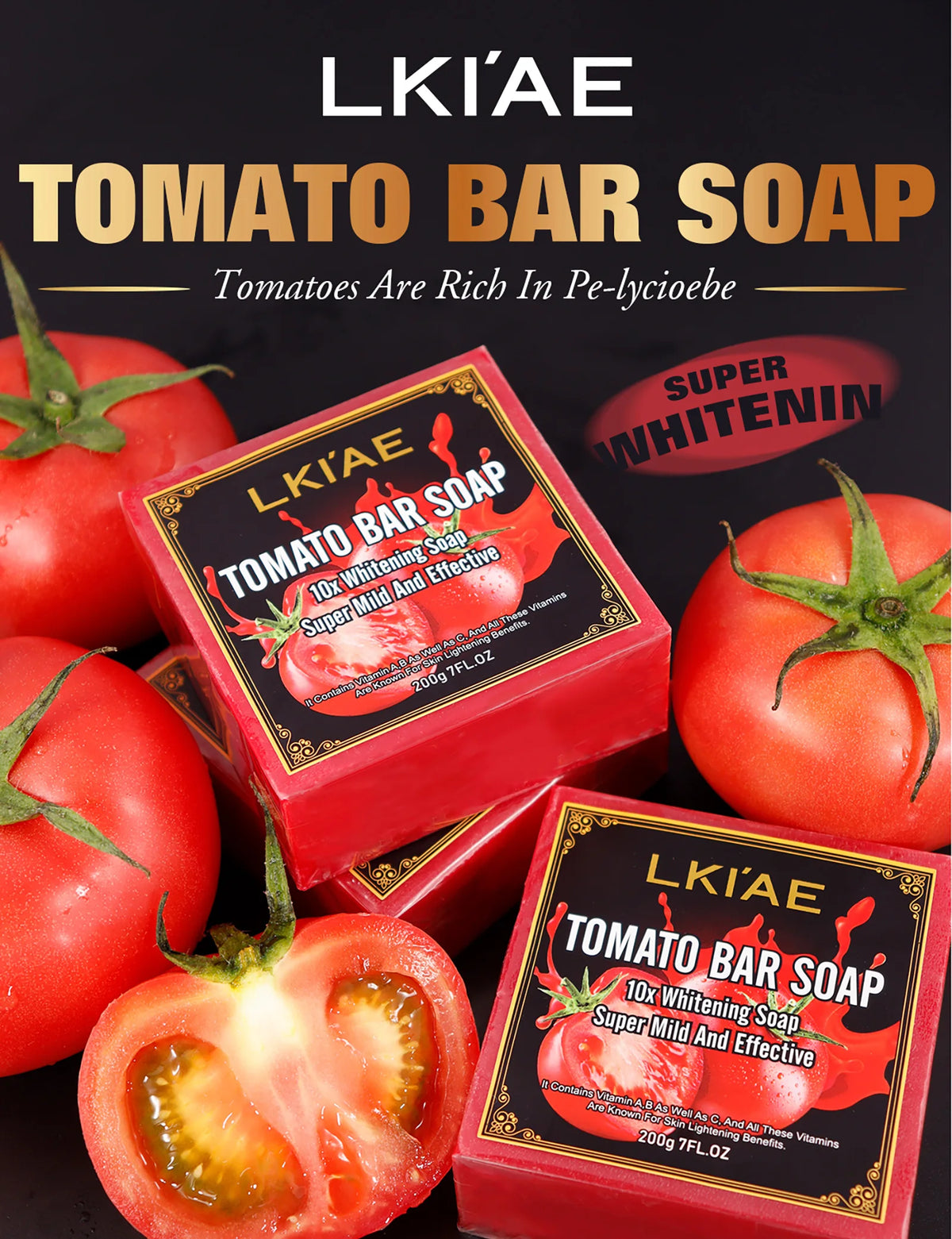 LKIAE Organic Fruit Tomato Whitening Soap, Lightening, Reduce Dark, Black Spots, Even Skin Tone, Clean Skin, Exfoliation, 200g