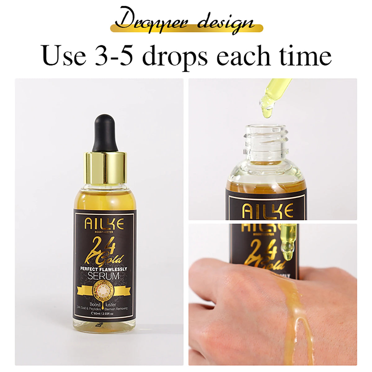 AILKE 24K Gold Flawlessly Serum, Whitening, Deep Clean Skin, Even Skin Tone, Reduce Black Spots, With Peptide, For Face, Body