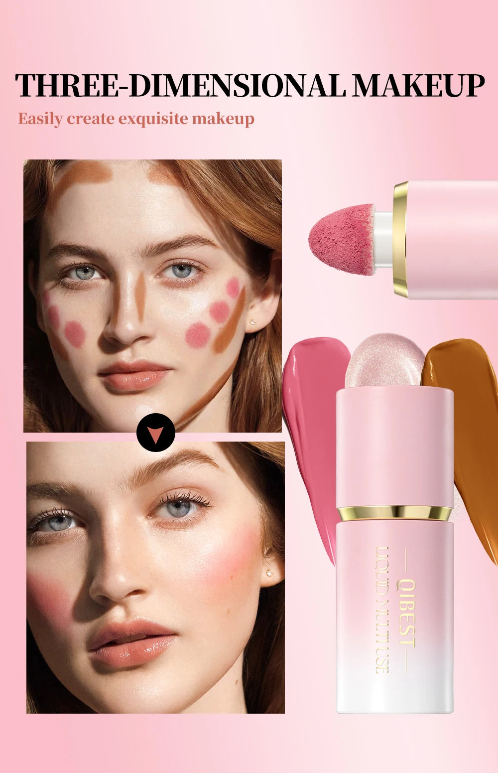 QIBEST Matte Face Liquid Blusher Smooth Cheek Eye Blush Highlighter Multi-Use Stick Rouge Lasting Liquid Contour Bronzer Makeup