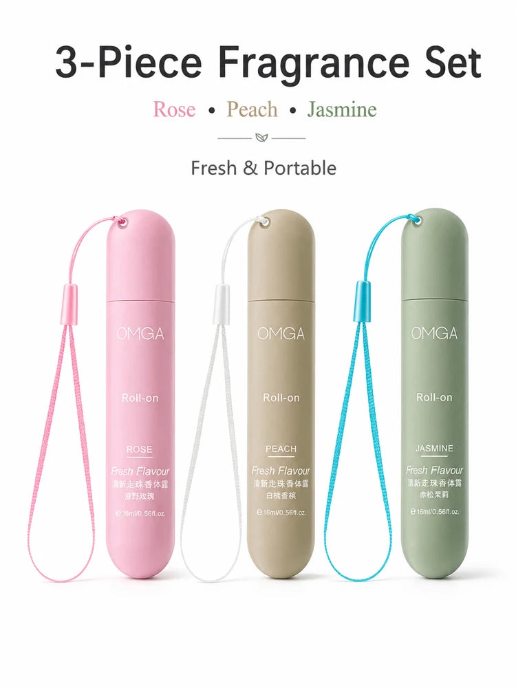 3pcs Portable Roll On Perfume Set 16ml Fresh Body Fragrance for Women Travel Size Long Lasting Scent Rose Peach Jasmine
