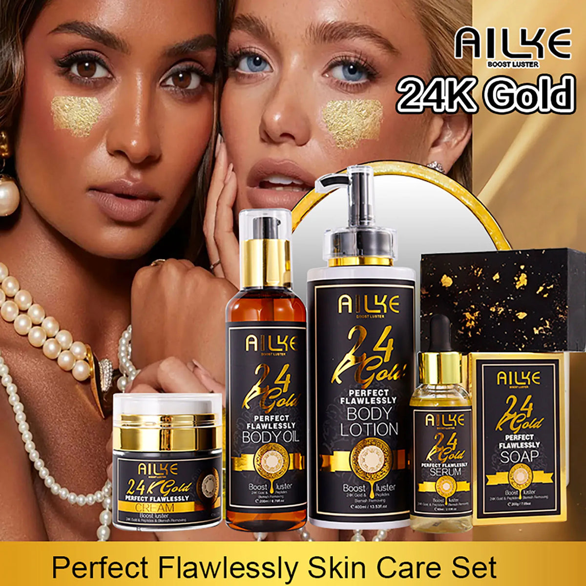 AILKE 24k Gold Flawlessly Whitening Skin Care Set For All Skin Type, Moisturizer, Reduce Black Spots, Smoothing, Brightening