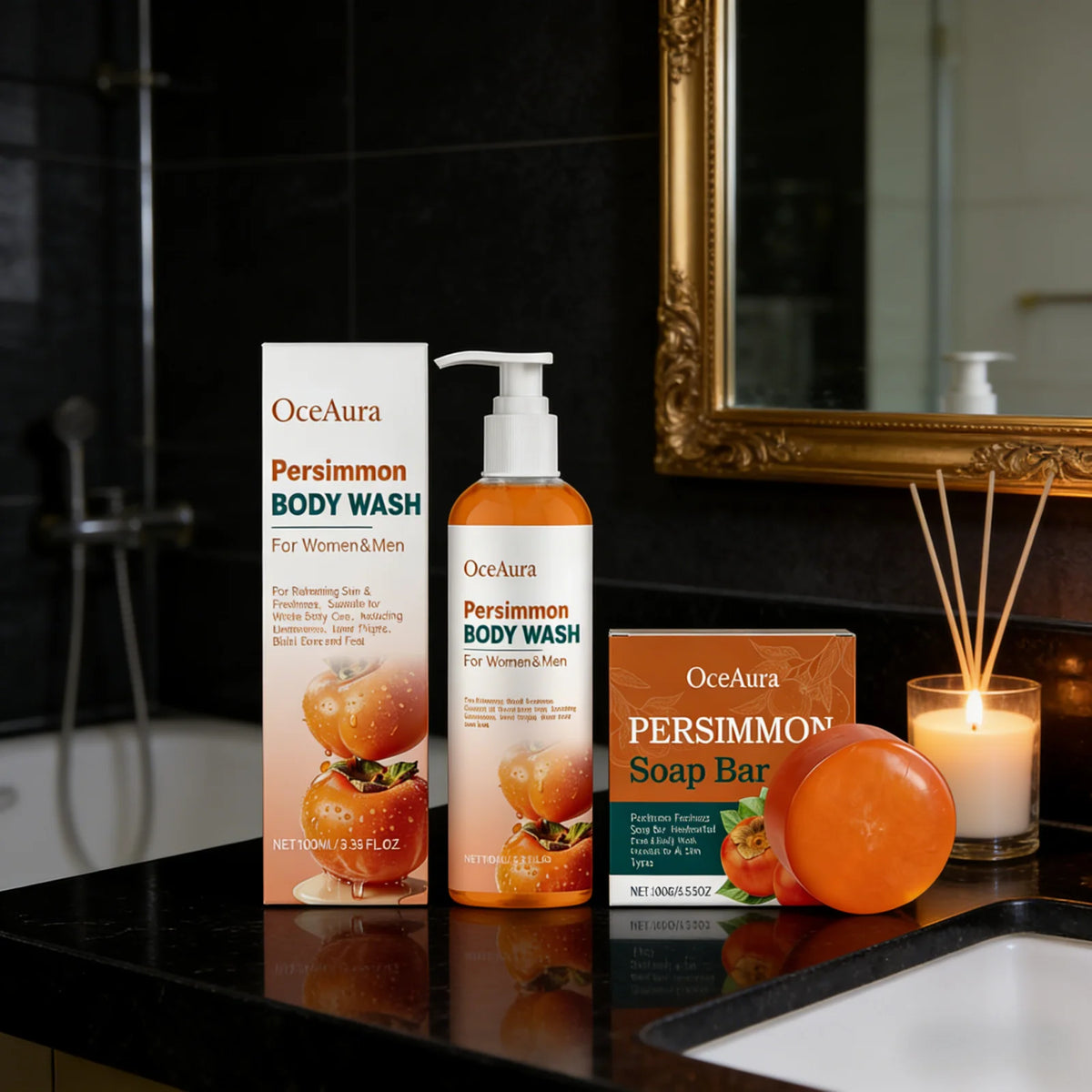 OceAura Persimmon Shower Gel Set Rich Foam Softens Skin Deep Cleansing Long Lasting Fragrance Natural Fruit Extracts Soap Bar