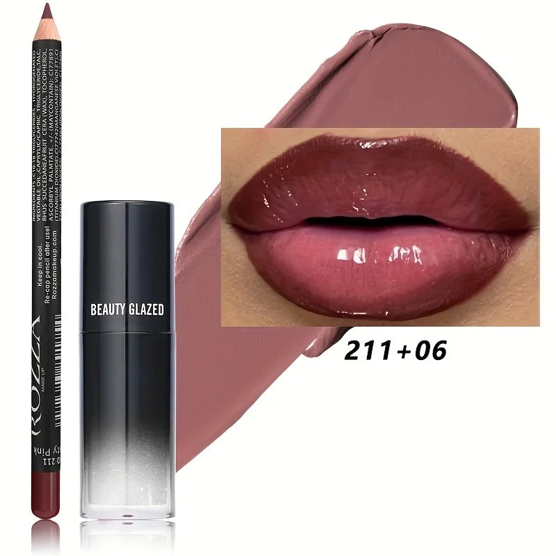 2pcs/Set Smooth Lip Liner+Lip Oil Set Lip Combo Waterproof Lip Liner  Makeup, Long-Lasting Moisturizing Lip Makeup Lip Plump