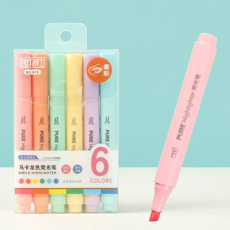6PCS Pastel Highlighter Pens - Macaron Color Marker Set, Cute Fluorescent Drawing Pens for School, Office & Study Stationery